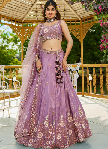Marvelous Mauve Satin fully embroidered Mehendi event lehenga choli.